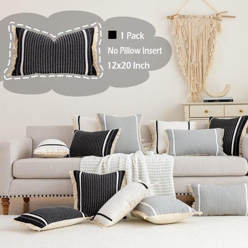 CARRIE HOME Modern Farmhouse Black Striped Lumbar Pillow Cover 12x20 with Tassels 1 Pack, Boho Decor Black and White Neutral Pillow Cover 12 x 20, Black Decorative Throw Pillows for Bed Couch Sofa