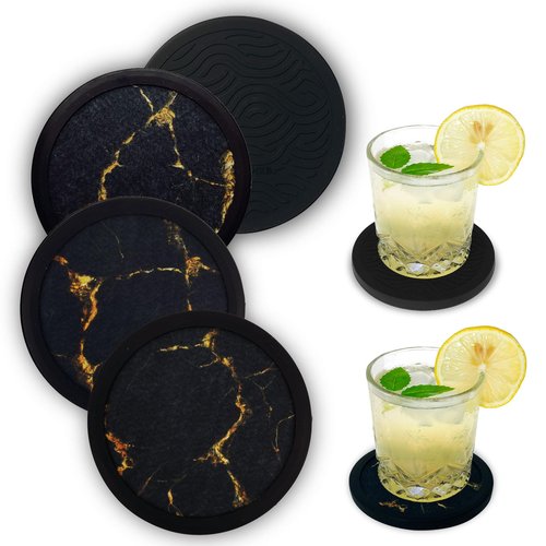 Set of 4 Non-Slip Silicone Coasters, Double-Sided Absorbent Cup Mats for Hot & Cold Drinks, Scratch & Water Ring Protection for Wood Tables, Home Office Bar Use (Black Gold Marble Pattern)