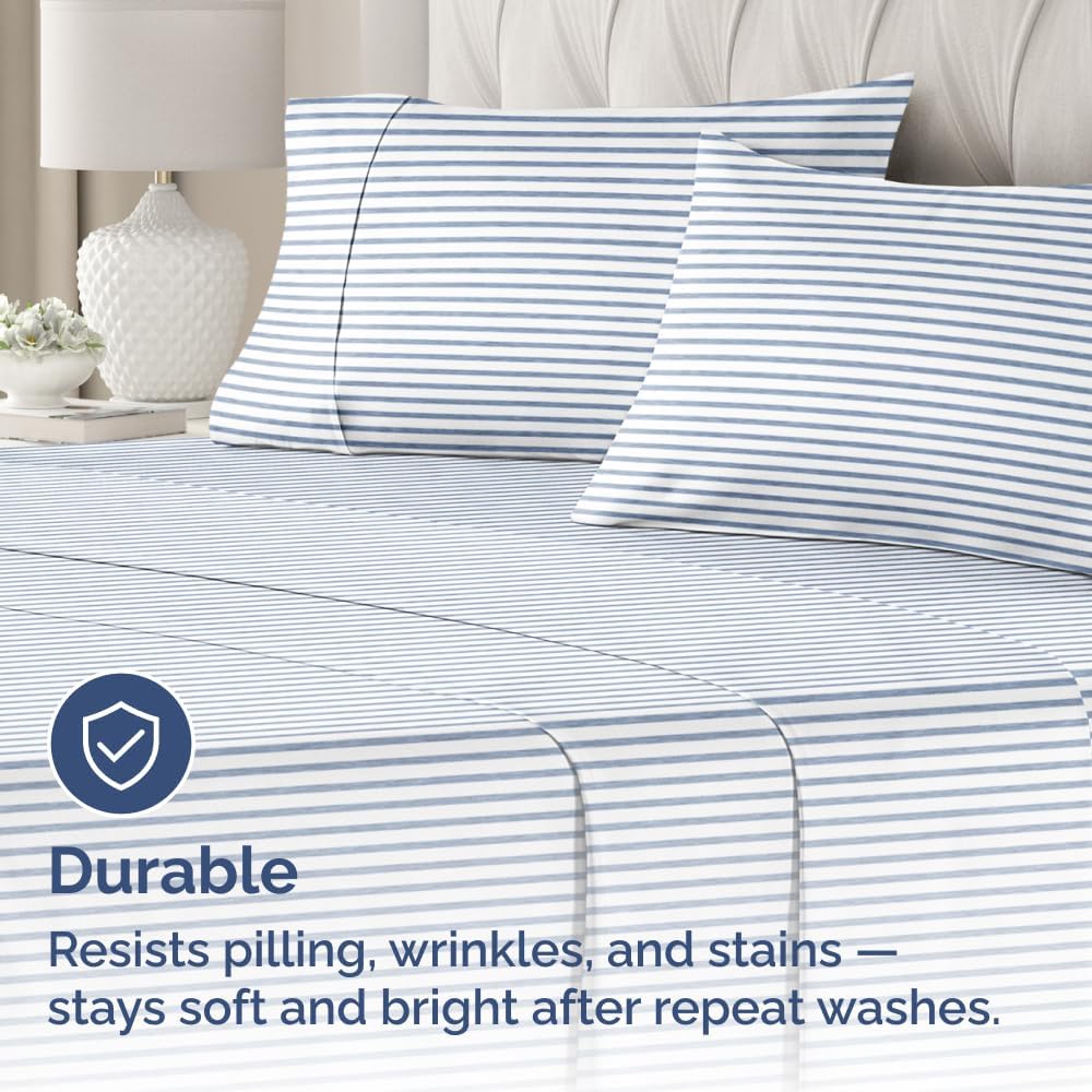 Skiennix Queen Pillow Cases Set of 4 - Ultra Soft Hotel Quality Covers | Wrinkle-Free & Fade Resistant - Blue Stripes