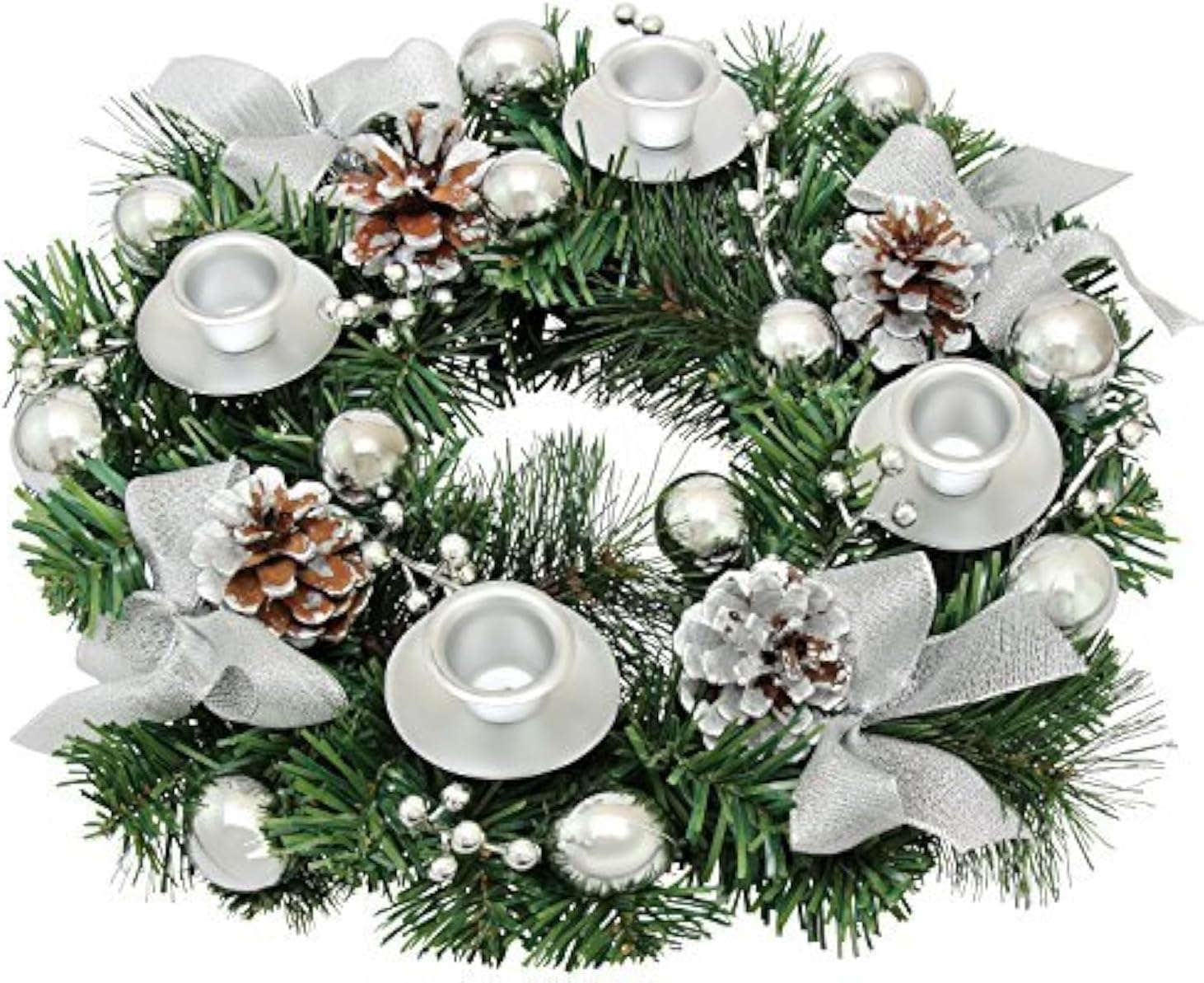 Silver Ribbon Advent Wreath - Festive Centerpiece Décor with Candle Holder & Christmas Candles
