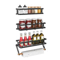 Cvesqkxr 3 Pack Spice Rack Wall Mount With Paper Towel Holder and Hooks, Screw or Adhesive Hanging Spice Shelf,Space Saving Spice Organizer for Seasonings, Spice Racks for Stove,Cabinet, Pantry Black