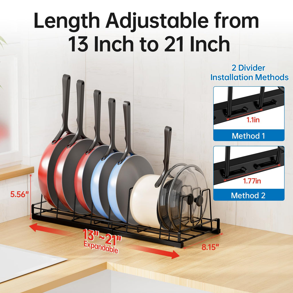 GAGUIUP Premium Adjustable Kitchen Bakeware and Pan Organizer - Food Container Lid Organizer Ideal for Cabinet, Drawers, Cupboard, Pantry Storage, Matte Black