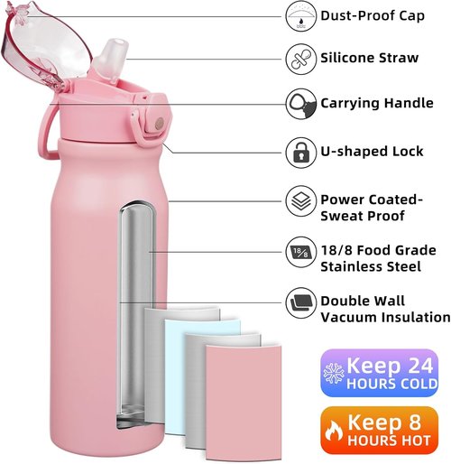 BJPKPK 25oz Insulated Water Bottle - Reusable Stainless Steel Flask with Straw & Leak-Proof Lid | Light Pink