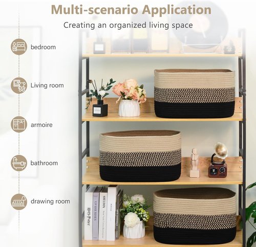 ECDYQXVU Cotton Rope Storage Basket - Woven Organizer for Shelves, Towels & Laundry | 15x10x9 Inches, Gradient Black/Brown (3 Pack)