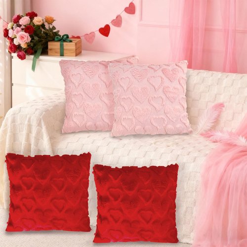 Valentine's Day Pillow Covers 18x18 Inch, 2 Pack Red Heart Throw Pillow Soft Plush Faux Fur Anniversary Wedding Valentines Day Decorations Square Luxury Case for Sofa Bed Home Decor (Red Pack of 2)