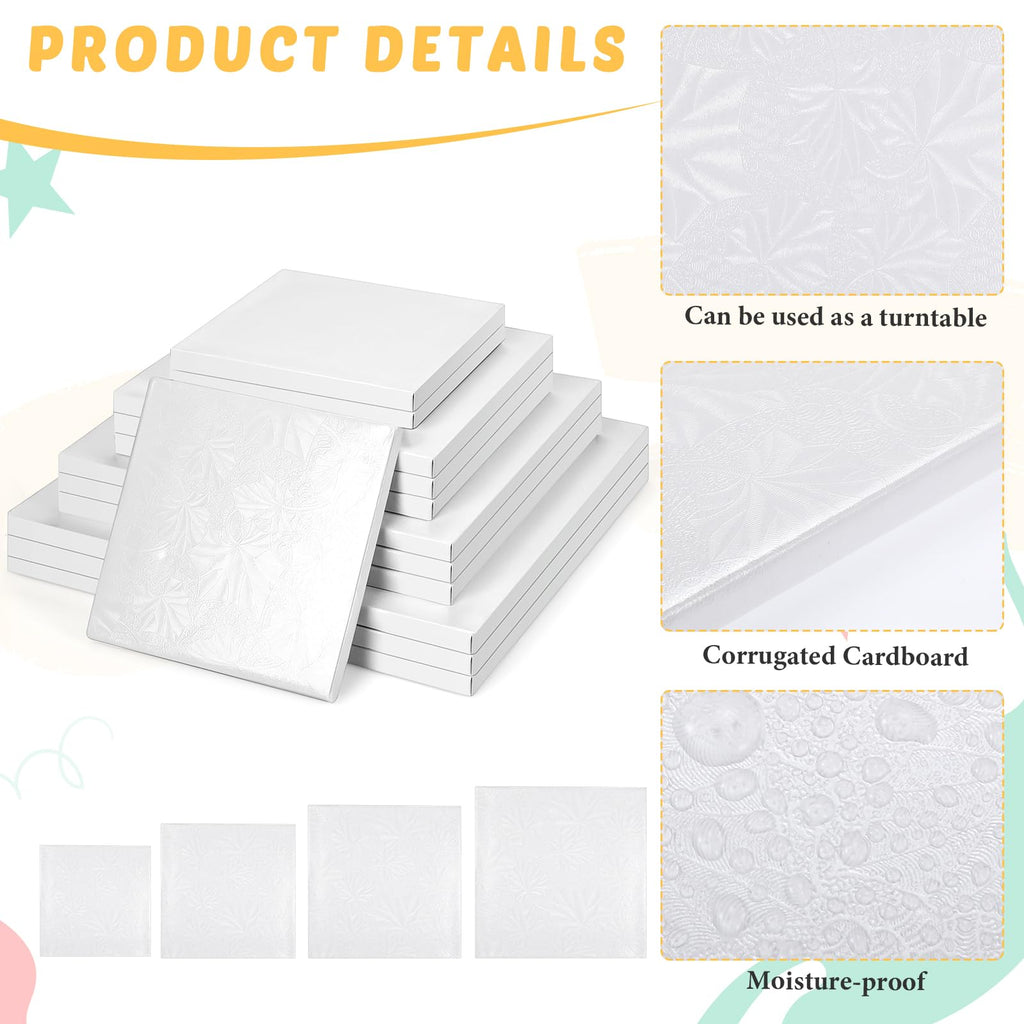 Baderke 12 Pcs White Square Cake Drums Assorted Size 6/8/10/12 Inch, 1/2 Inch Thick Square Cake Board Drum Fully Wrapped Foil for Christmas Baking Desserts Pastries, White Leaf Style