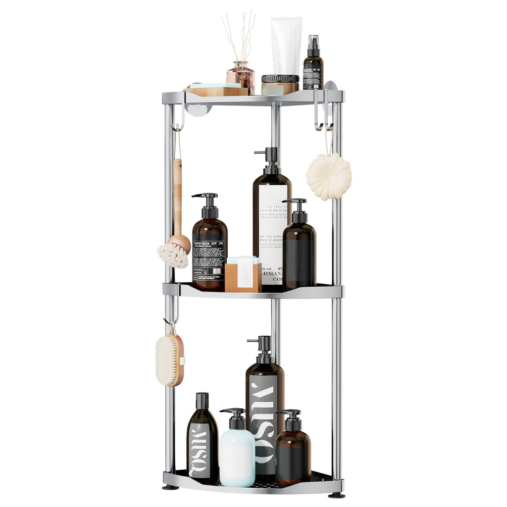 SWTYMIKI Corner Shower Caddy Standing - 3 Tier Stainless Steel Shower Organizer Stand, Large Capacity Floor Shelf with 4 Hooks, Rustproof Bathroom Storage Rack,Silver