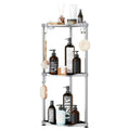 SWTYMIKI Corner Shower Caddy Standing - 3 Tier Stainless Steel Shower Organizer Stand, Large Capacity Floor Shelf with 4 Hooks, Rustproof Bathroom Storage Rack,Silver