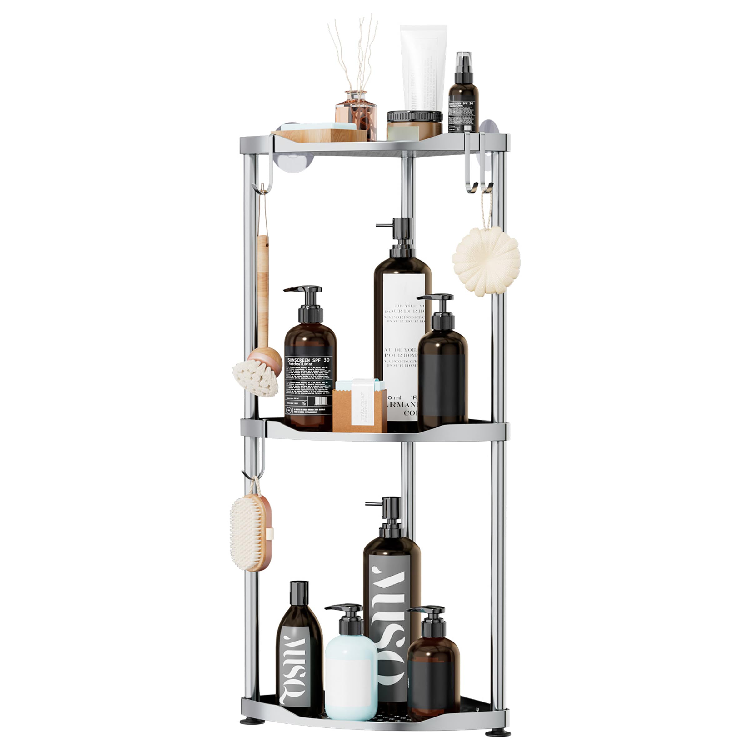 SWTYMIKI Corner Shower Caddy Standing - 3 Tier Stainless Steel Shower Organizer Stand, Large Capacity Floor Shelf with 4 Hooks, Rustproof Bathroom Storage Rack,Silver