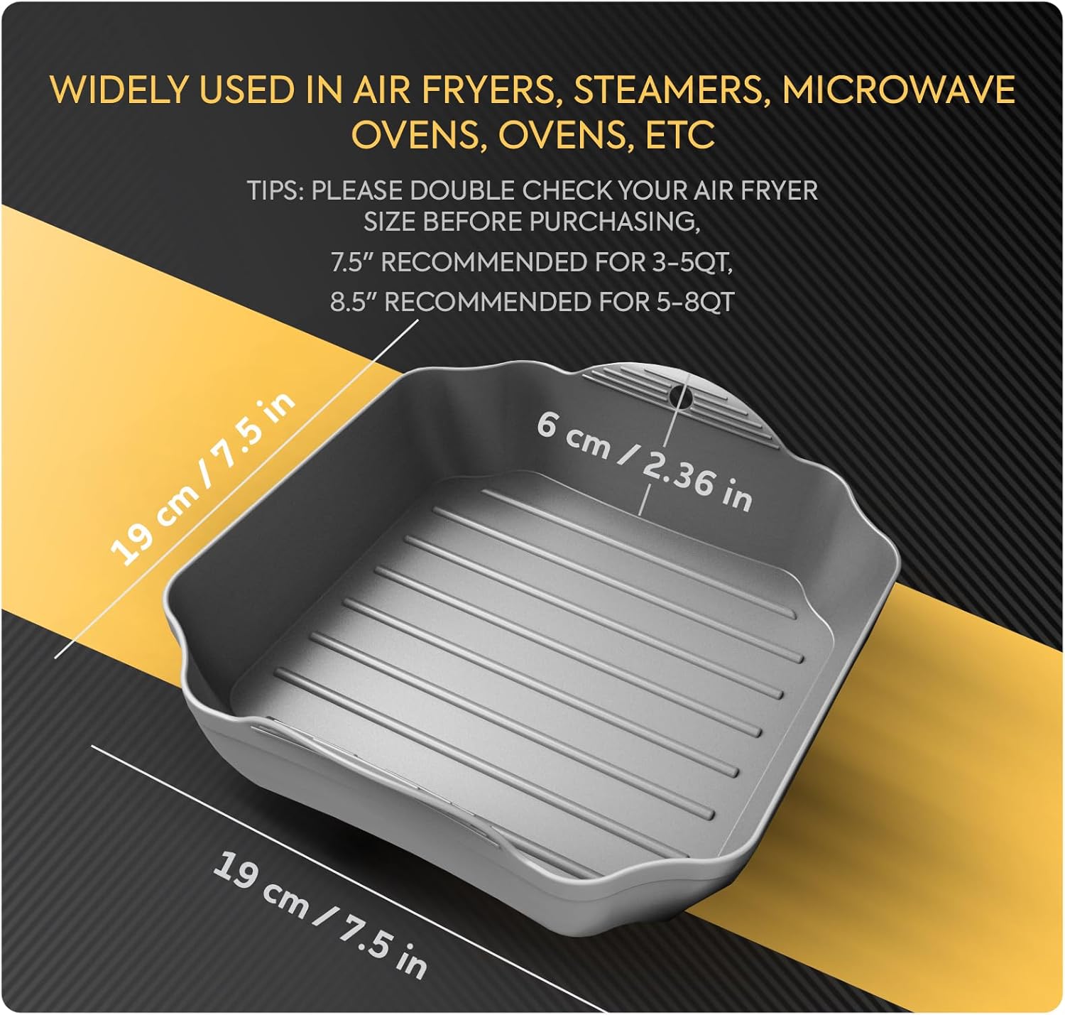 Zip Standing Reusable Silicone Air Fryer Liners - 7.5" Square for 4-7QT Air Fryers with Handles & Holes