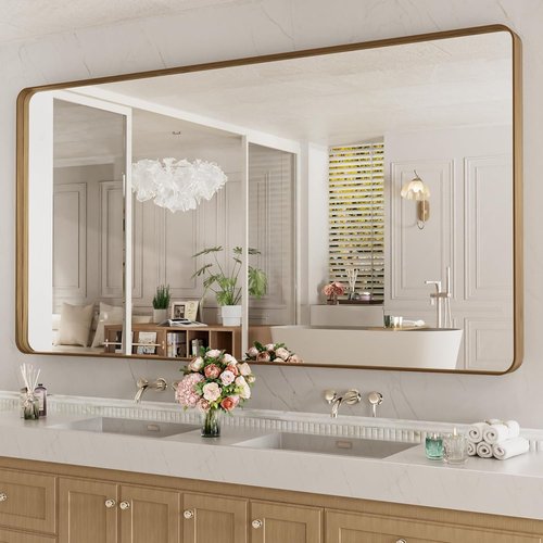 LOAAO Bathroom Mirror - 84x32 Inch Rounded Rectangle with Wood Grain Metal Frame | Anti-Rust, Versatile Hanging Options