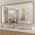 LOAAO Bathroom Mirror - 72x36 Inch Rounded Rectangle with Wood Grain Metal Frame | Anti-Rust, Versatile Hanging Options