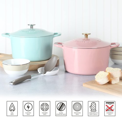 MARTHA STEWART Gatwick 7-Quart Enamel Cast Iron Dutch Oven Pot with Lid – Pink – Heavy-Duty Dutch Oven for Slow Cooking, Braising & Baking
