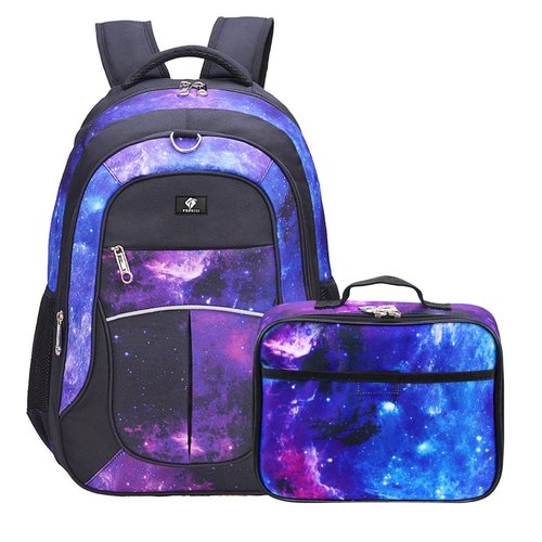 Fenrici Galaxy Backpack and Lunch Box for Kids, 18" Kids Galaxy Backpack Set for School, Space, Purple