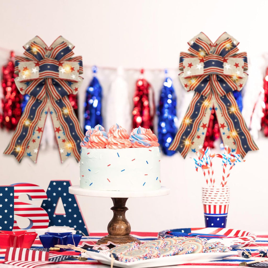 Regine Switzerland Patriotic Lighted Wreath Bow - Large Red, White & Blue 4th of July Decoration