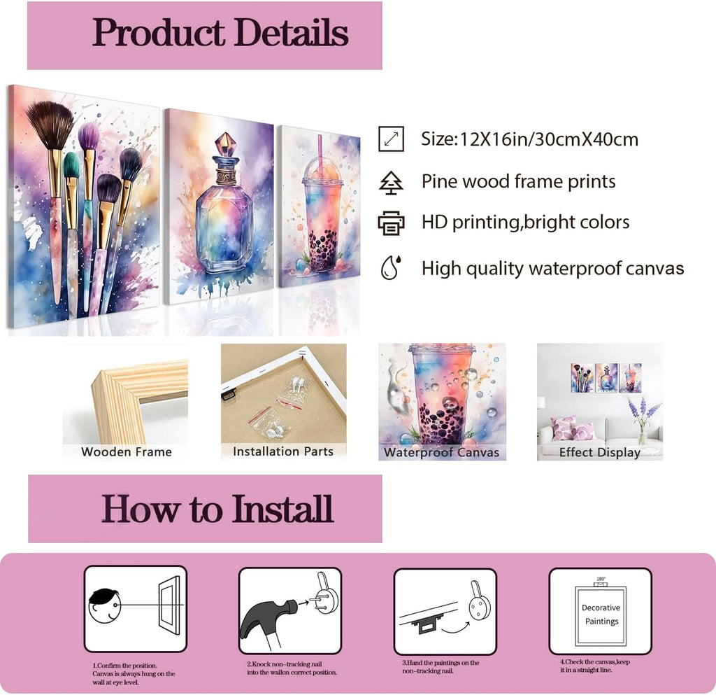 Skiennix Framed Wall Art Set | Colorful Fashion Makeup & Perfume Prints | 12x16 Inch Aesthetic Decor
