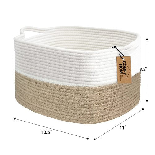 Comfy-Homi Cotton Rope Woven Storage Basket - Decorative Organizer with Handles | 13.5"x11"x9.5" - Light Brown