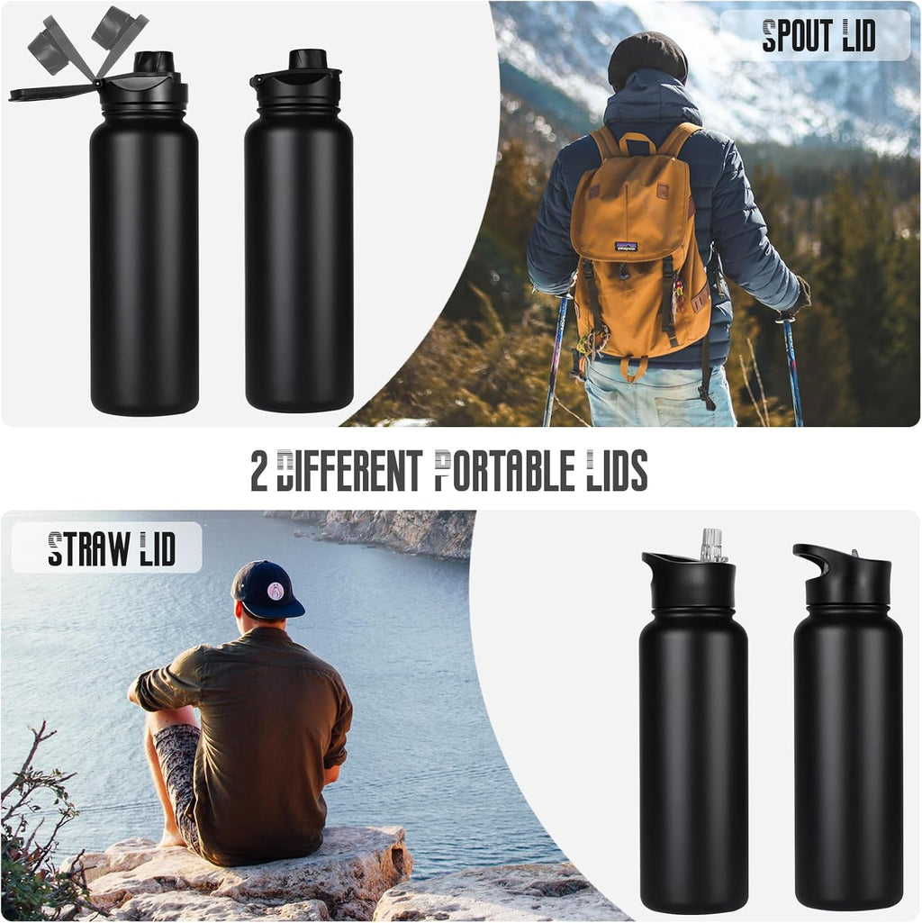 Skiennix 40 Oz Insulated Water Bottle - Stainless Steel, Leakproof, BPA-Free | Black with 2 Lids