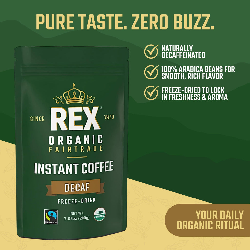 Rex Coffee Organic Fairtrade Natural Decaf Freeze-Dried Instant Coffee – Naturally Decaffeinated Arabica, 7.05 oz (Pack of 2) Resealable – Lab Tested for Mold, Mycotoxins, Heavy Metals, & Acrylamide