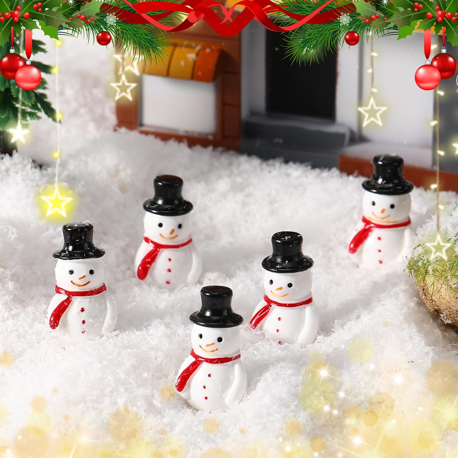 Skiennix Winter Mini Resin Snowman Figurines - 50 Pcs Black Hat Cake Decorations | DIY Crafts