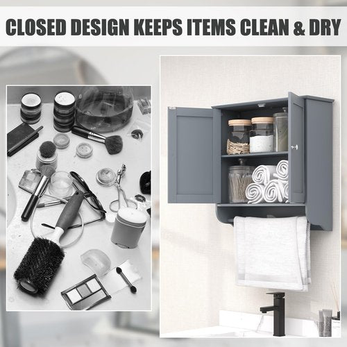 LOKO Wall Mounted Bathroom Cabinet with Towel Bar, Hanging Over The Toilet Storage Cabinet w/Adjustable Shelf, Medicine Cabinet Space-Saving Storage Organizer for Bathroom or Kitchen (Grey)