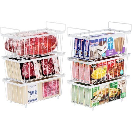 iSPECLE Chest Freezer Organizer Bins - Fits 7 Cu.Ft Deep Freezer, 6 Pack Stackable Wire Baskets(14.7" Length), Heavy Duty Coated Freezer Organizer, Rust Resistant for Frozen Food Sorting, White