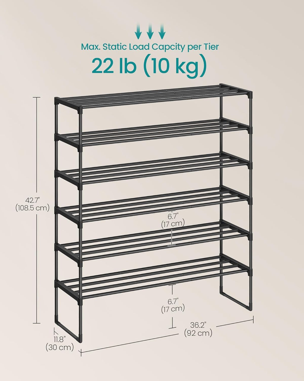 SONGMICS 6-Tier Shoe Rack - Stackable Metal Organizer for 24-30 Pairs - Black, 11.8 x 36.2 x 42.7 Inches