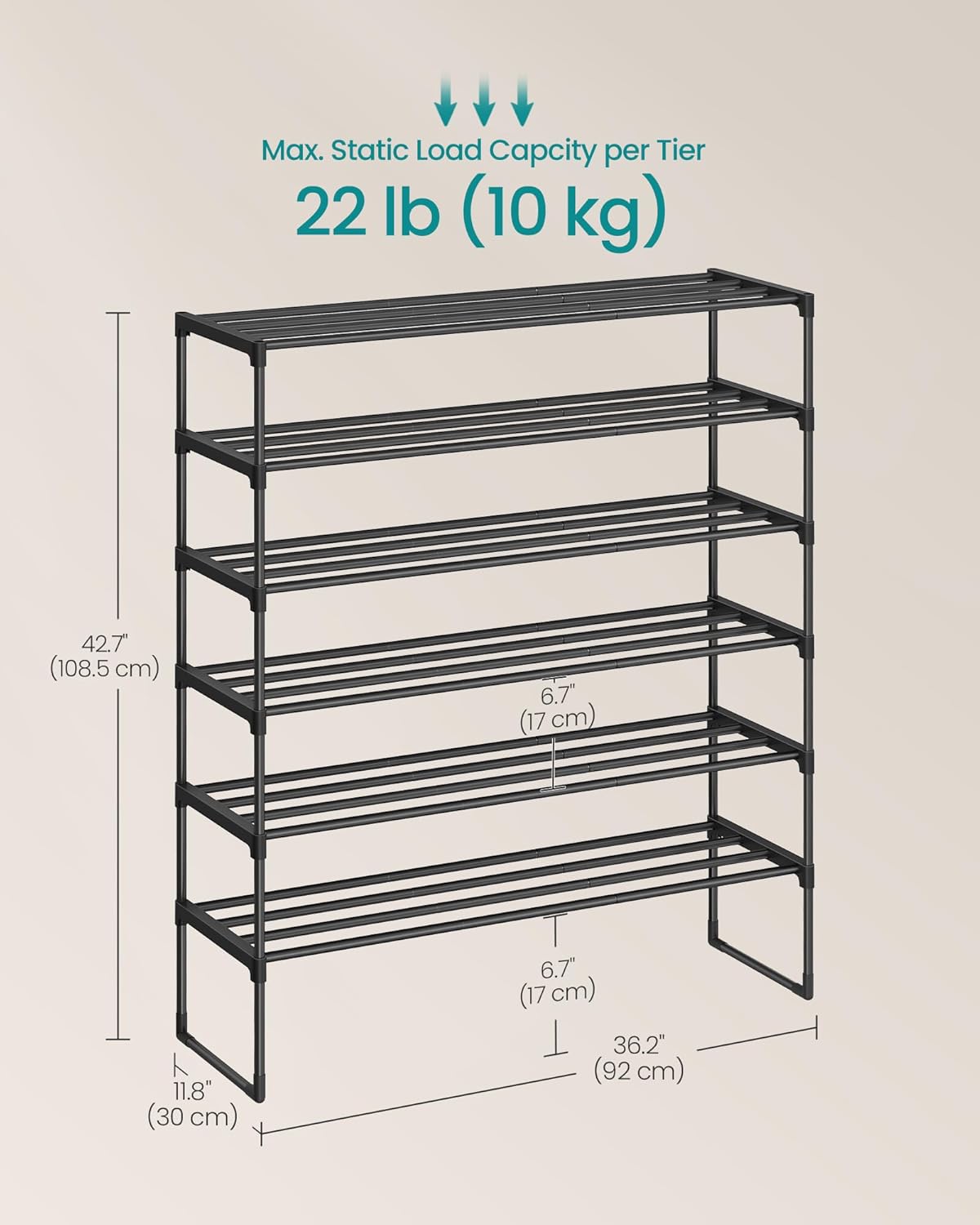 SONGMICS 6-Tier Shoe Rack - Stackable Metal Organizer for 24-30 Pairs - Black, 11.8 x 36.2 x 42.7 Inches