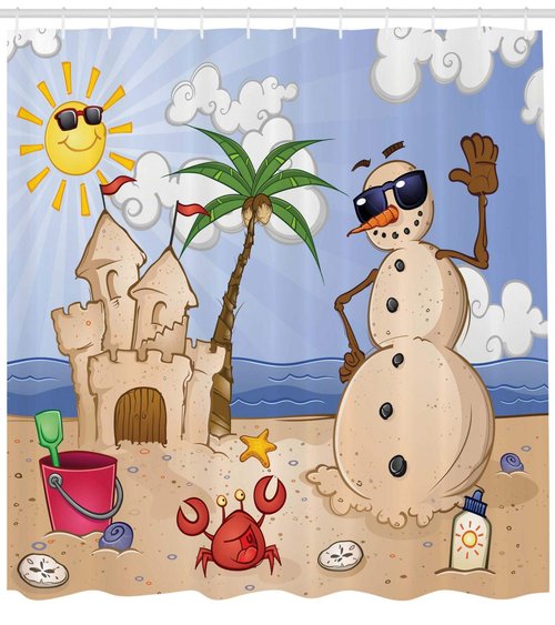 Ambesonne Cartoon Shower Curtain, Sand Snowman Castle Crab Seashell on Tropical Beach Enjoying Sun Cartoon Print, Cloth Fabric Bathroom Decor Set with Hooks, 69" W x 75" L, Sand Green