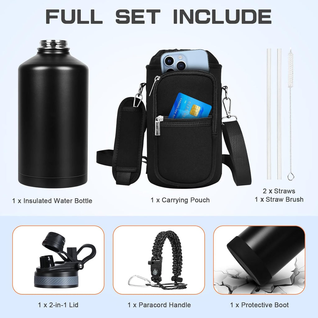 Skiennix Insulated 1 Gallon Water Bottle - Leak Proof Stainless Steel Jug with 2-in-1 Lid & Paracord Handle