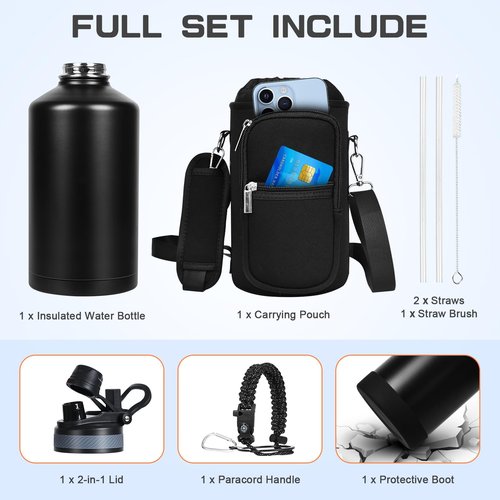 GAZLEMHO 1 Gallon Water Bottle Insulated, Leak Proof 128 oz Stainless Steel Water Jug with Straw/Spout 2-in-1 Lid, Sleeve, Paracord Handle, Silicone Boot, One Gal Metal Canteen for Gym Sports Camping