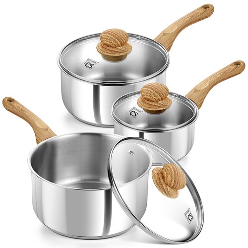 KOCH SYSTEME CS Stainless Steel Pots, 6 Piece Sauce Pan Set with Lids, 1QT, 2QT, 3QT Stainless Steel Saucepan with Cool-Touch Handles, 5-layers Base Pots, Induction Compatible Sauce Pan, Pot Set