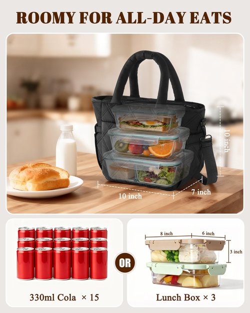 Afuosy Insulated Lunch Box for Women Men, Soft & Puffy Lunch Bag, Large Capacity Leakproof Reusable Tote Cooler Bag with 4 Pockets, Adjustable Strap, Ideal for Work, Outdoors, Picnic, Travel (Black)