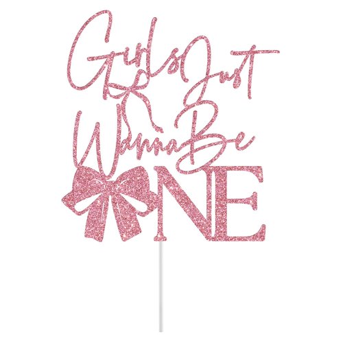 Girls Just Wanna Be One Cake Topper, Pink Bow First Birthday Cake Topper, Sweet One, Bow Girl's 1st Birthday Party Decorations Glitter