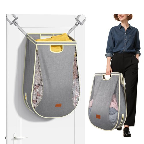 Ligereza Large Capacity Hanging Laundry Hamper Bag,Portable Over The Door Laundry Basket,Breathable Clothes Hamper,for Dormitory/Bathroom/RV Camping 14.5 x 8.6 x 25.5 in (Gray)