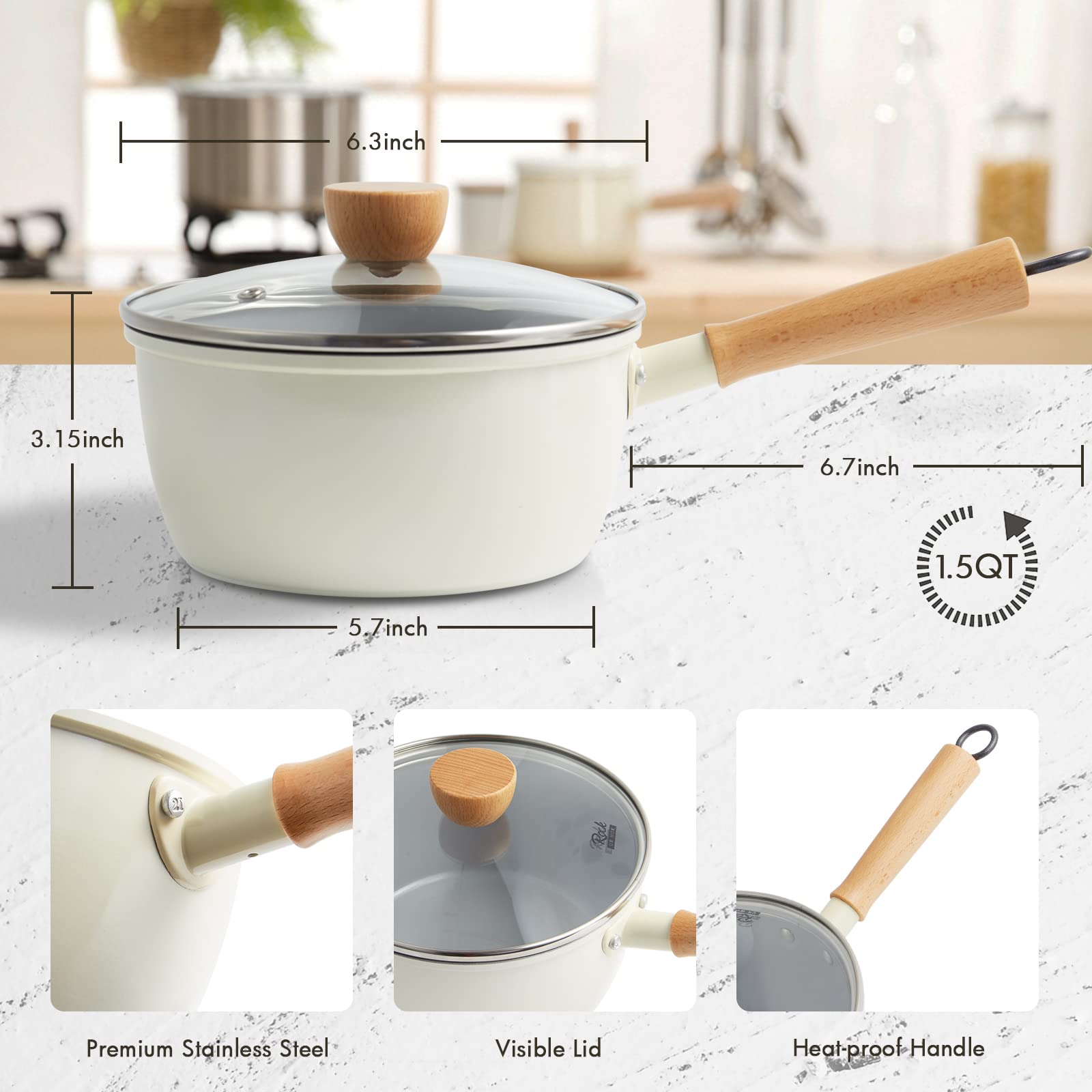 ROCKURWOK Ceramic Nonstick Sauce Pan with Lid, 1.5 Qt Small Pots for Cooking, Small Pot Wooden Handle for Cool Touch, Non Toxic & Pfas-Free Saucepan, Universal Base(Gas, Electric & Induction), White