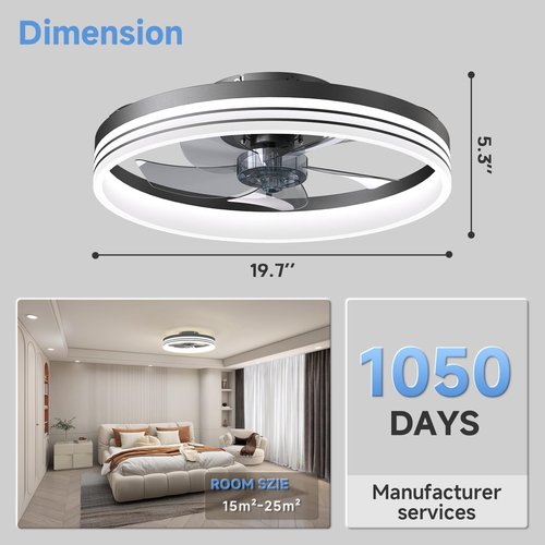 VOLISUN Low Profile Ceiling Fans with Lights and Remote, 19.7in Flush Mount Ceiling Fan with Light, 3000K-6500K Dimmable Fandelier LED Fan Light, Black Bladeless Ceiling Fans with Lights for Bedroom