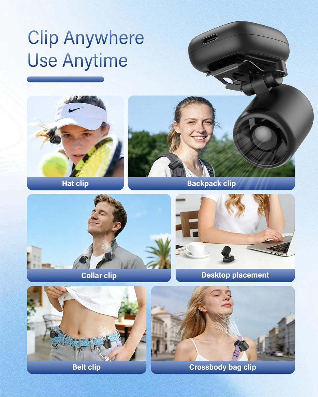 Skiennix Mini Clip-On Fan - Ultra-Lightweight 2oz Rechargeable Fan with 3 Speeds | Hands-Free Cooling for Outdoor Sports (Black)