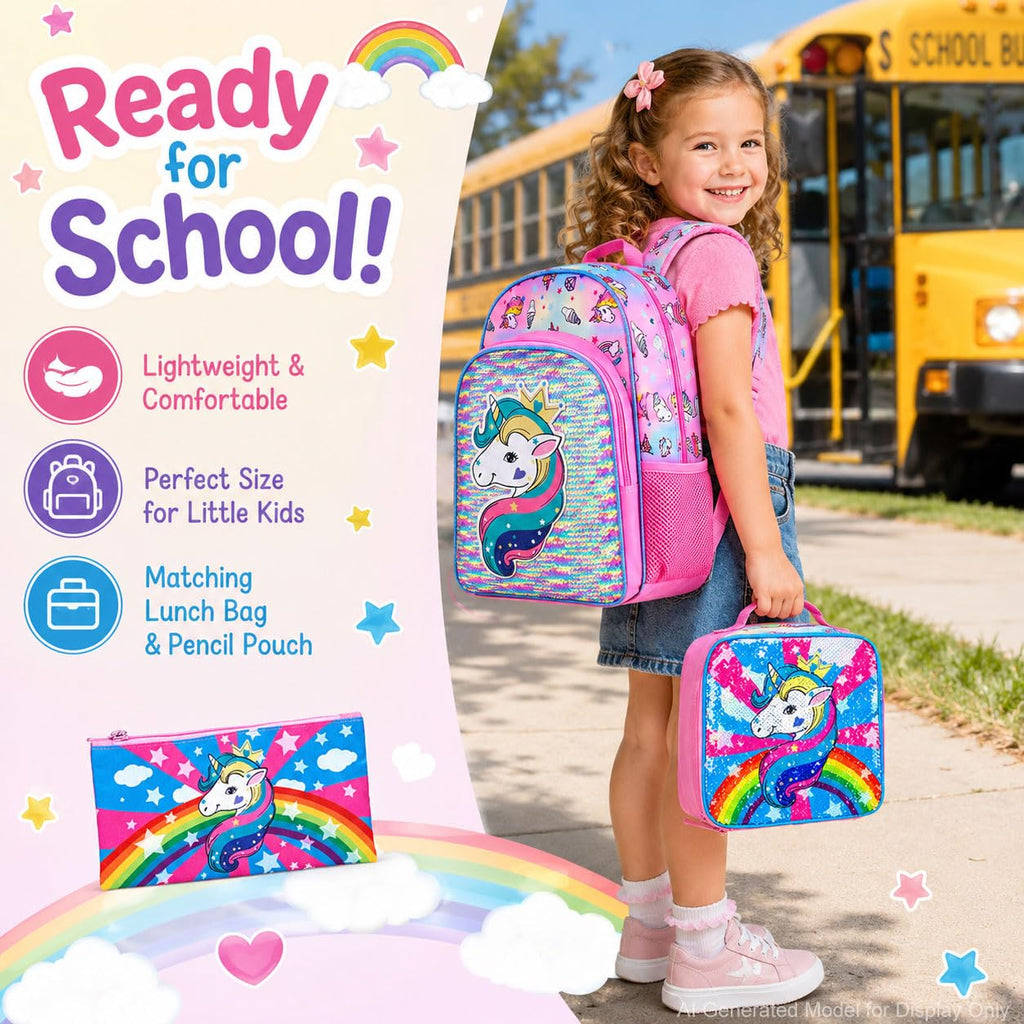 AGSDON 3PCS Unicorn Backpack for Girls, 16" Little Kids Sequin Preschool School Bookbag and Lunch Box
