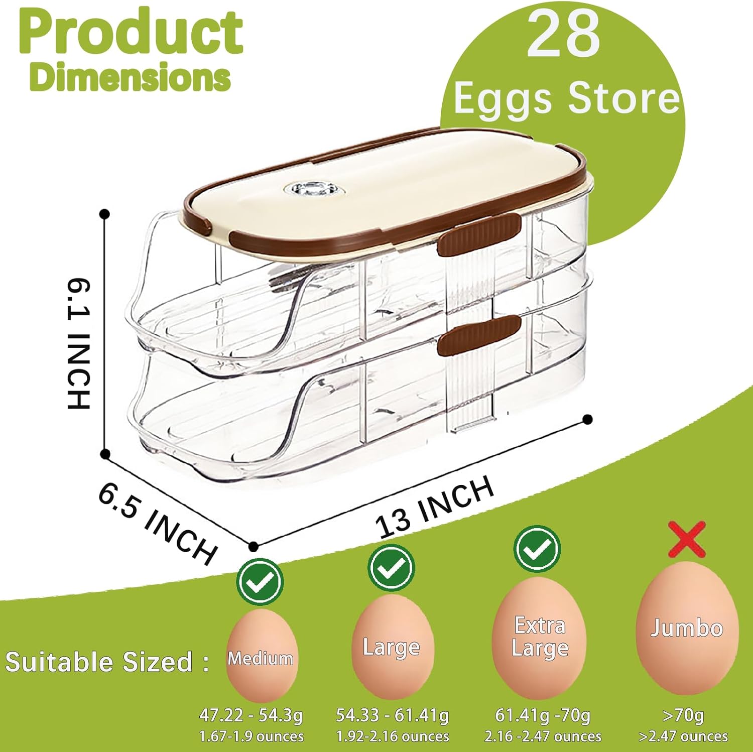 Skiennix Egg Holder - Automatic Rolling Egg Dispenser with Lid & Handle - Stackable Organizer for Fridge & Pantry
