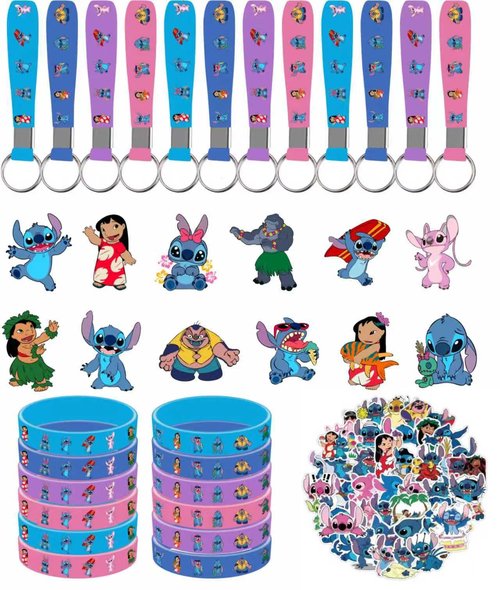 cerfioo 86pcs Stitch Birthday Party decorations Set Included 12 Bracelets, 12 Acrylic Pins, 12 Keychains, 50 Stickers, for Boys and Girls Cartoon Theme Party