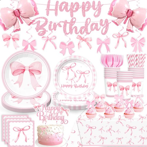 180pcs Coquette Birthday Decorations Include Coquette Plates and Napkins Set Banner Hanging Balloon Tablecloth Cake Topper Cupcake Toppers, for Girls Pink Bow Birthday Party Decorations, Serves 25