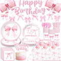 180pcs Coquette Birthday Decorations Include Coquette Plates and Napkins Set Banner Hanging Balloon Tablecloth Cake Topper Cupcake Toppers, for Girls Pink Bow Birthday Party Decorations, Serves 25