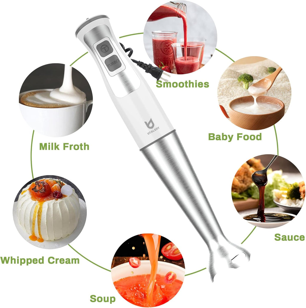 UTALENT Immersion Hand Blender - 5-in-1 8-Speed with 500ml Grinder & 600ml Container - White