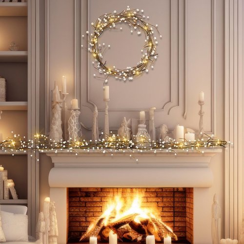 Syhood 9 ft Ramadan Mubarak Berry Beaded Garland with 30 LED Lights Artificial Pre Lit Berry Branch String Garland Battery Operated for Indoor Mantel Fireplace Holiday Decor(White)