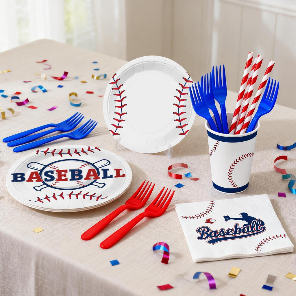 Xynic 202Pcs Baseball Birthday Decorations Tableware Set Serve 25 Guests, Baseball Party Decorations Include Banner, Plates, Tablecloth, Cake Topper, Cups, Cupcake Topper for Baseball Birthday Party