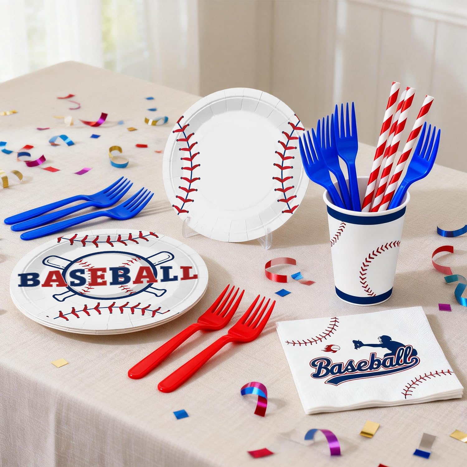 Xynic 202Pcs Baseball Birthday Decorations Tableware Set Serve 25 Guests, Baseball Party Decorations Include Banner, Plates, Tablecloth, Cake Topper, Cups, Cupcake Topper for Baseball Birthday Party