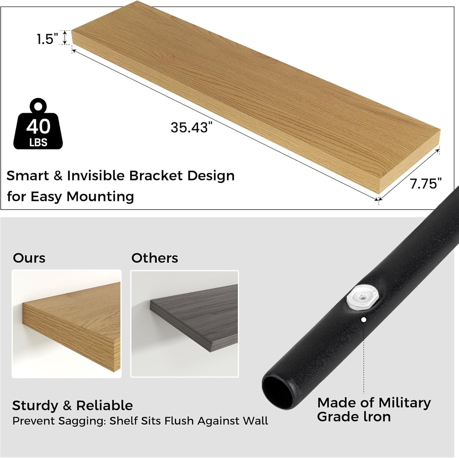 Venusmiles Floating Wall Shelves - 36-Inch Engineered Wood with Invisible Brackets | Oak Finish, Set of 2 for Home Decor