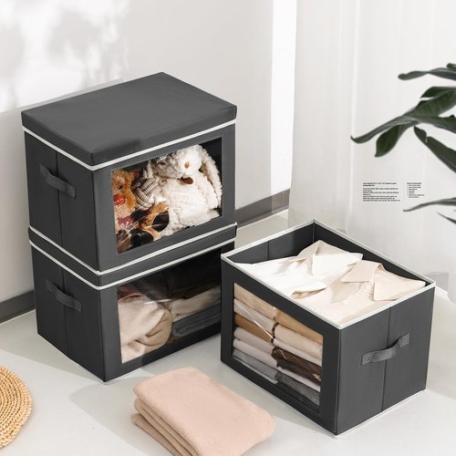 Homsorout Stackable Storage Bins - Large Fabric Closet Organizers with Lids, 5-Pack, Dark Grey