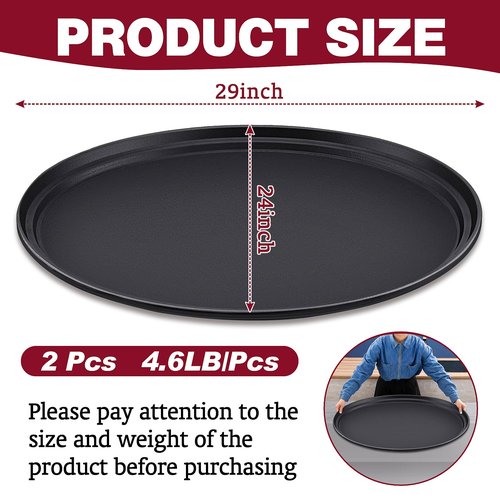2 Pcs Large Restaurant Serving Trays 24" x 29" Oval Plastic Food Serving Tray Non Slip Rubber Lined Black Serving Tray for Cafeteria (2)